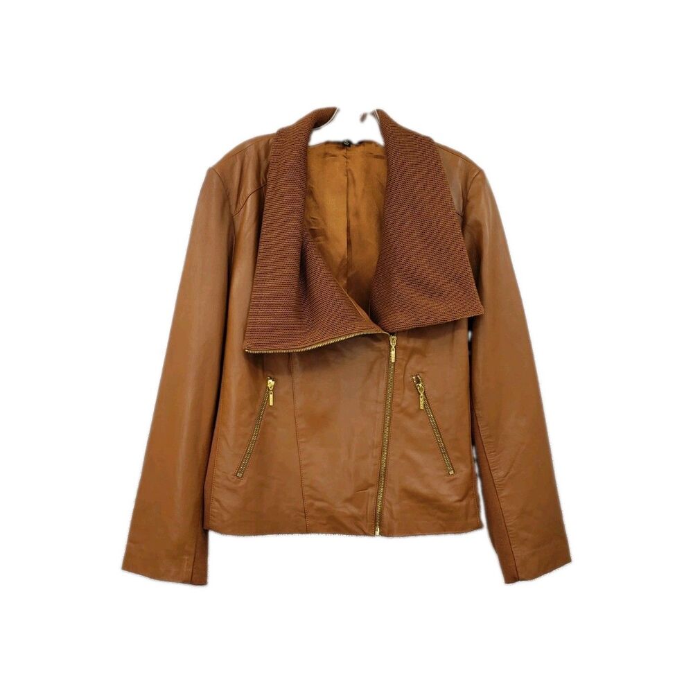 Iman Leather Moto Jacket Size XL Cognac Tan Stretch Side Panels Foldover Collar